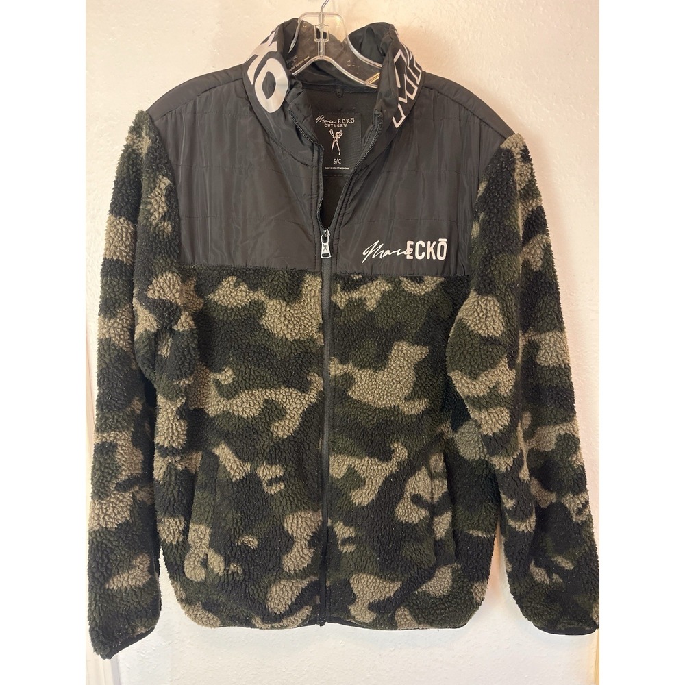Marc Ecko Cut And Sew Camo Green Fleece Full Zip Sweater Size Small